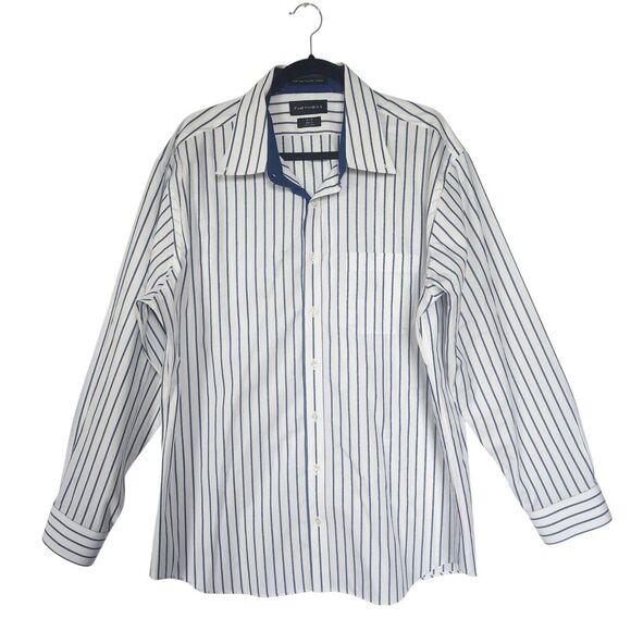 Paul Frederick Men White Blue Striped Button Down Shirt 18 x 35 Slim Fit Collar - Picture 1 of 8